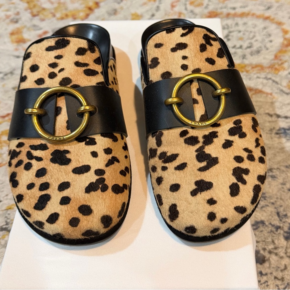 Frame Denim Leopard Print Mule Slides with Black Strap and Gold Buckle